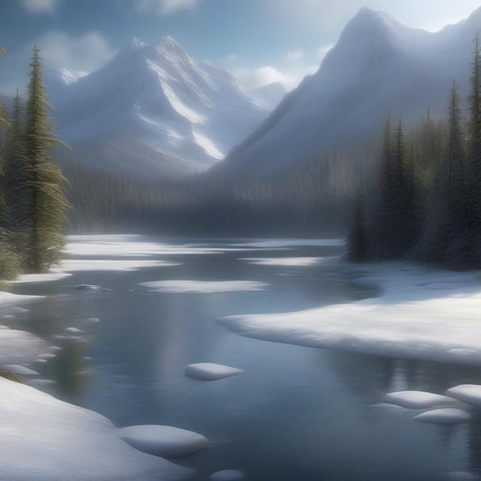 A serene winter's day at the base of towering peaks, with a tranquil lake reflecting the overcast sky. A perfect wilderness escape.