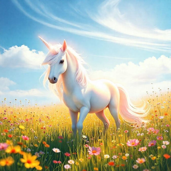 This enchanting wallpaper features a majestic unicorn prancing through a vibrant field of flowers, exuding a sense of wonder and magic.