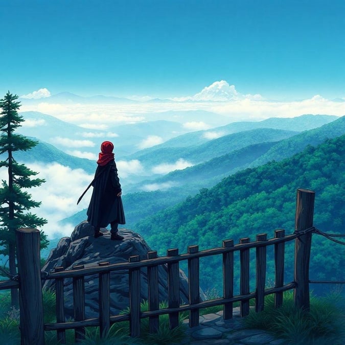 Immerse yourself in the serene beauty of this anime-inspired wallpaper, featuring a lone ninja warrior standing atop a mountain peak, gazing out at a misty valley.