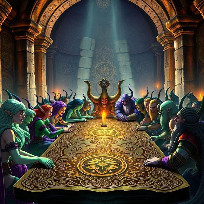 A group of fantasy characters, wizards and warriors, huddled around a table with an artifact at the center, deep in discussion.