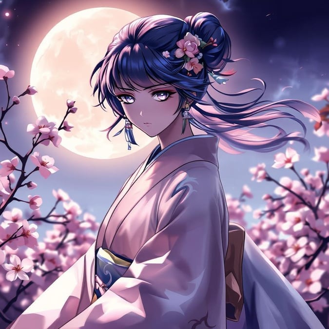 A serene and mystical anime illustration featuring a woman in a flowing white kimono, surrounded by blooming cherry blossoms, under the gentle light of a crescent moon.