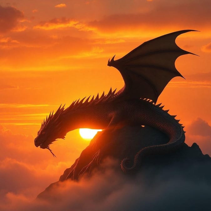 A majestic dragon silhouette at sunrise, soaring high above a mystical landscape.