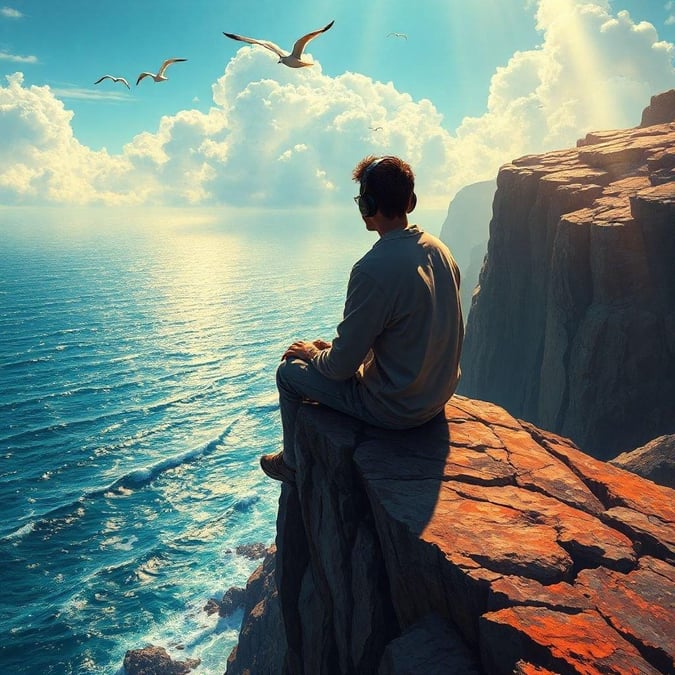 This tranquil scene captures a solitary figure sitting on the edge of a cliff, overlooking a breathtaking ocean view. The image exudes an atmosphere of reflection and escape from daily stresses.