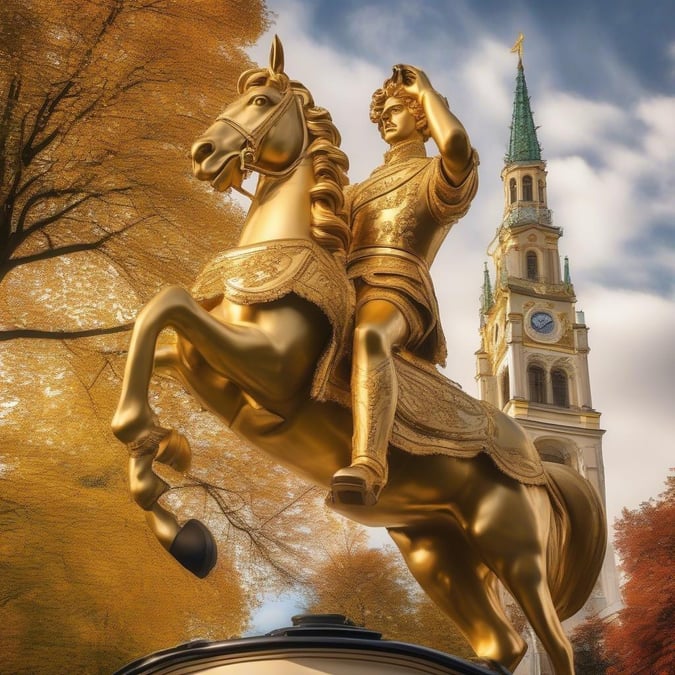 Experience the joy and excitement of Oktoberfest with this stunning wallpaper featuring a golden statue of a man riding a horse in front of a church steeple. The perfect blend of tradition and festivity, this image is sure to bring a touch of Munich's famous beer festival to your desktop or mobile device.