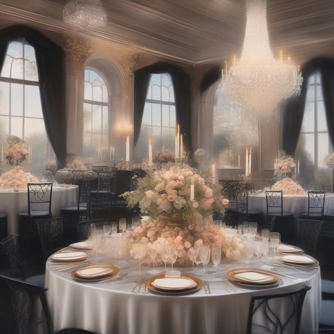 A beautifully set table in a luxurious room, perfect for a wedding or anniversary celebration.