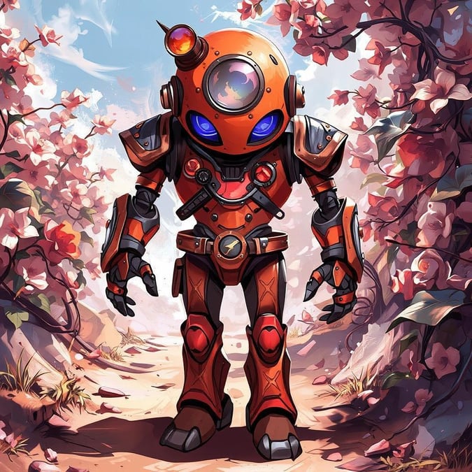 Get ready to level up your desktop or mobile wallpaper game with this stunning anime-style robot illustration. The robot's steampunk-inspired outfit and vibrant red and orange body are sure to make a statement.