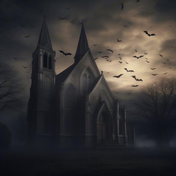 A spooky Gothic church at dusk, bathed in eerie moonlight and surrounded by flying bats. Perfect for a dark Halloween wallpaper.