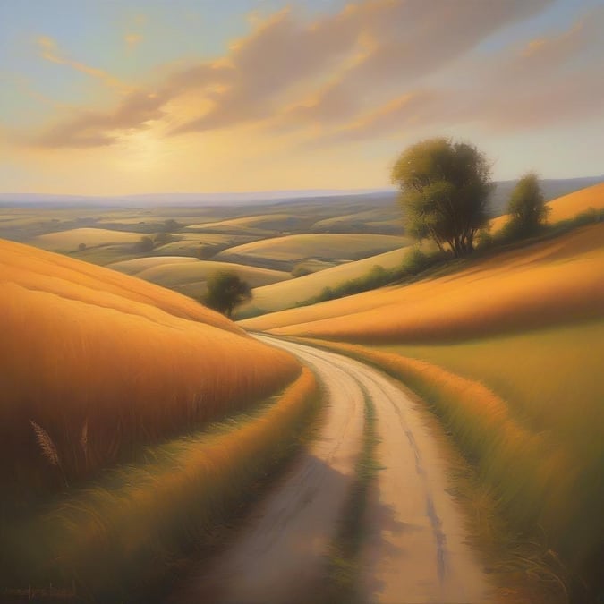 A serene landscape depicting a winding dirt road through a field of golden autumn crops. The path leads to the horizon under an expansive sky, evoking a sense of tranquility and awe for the beauty of nature.