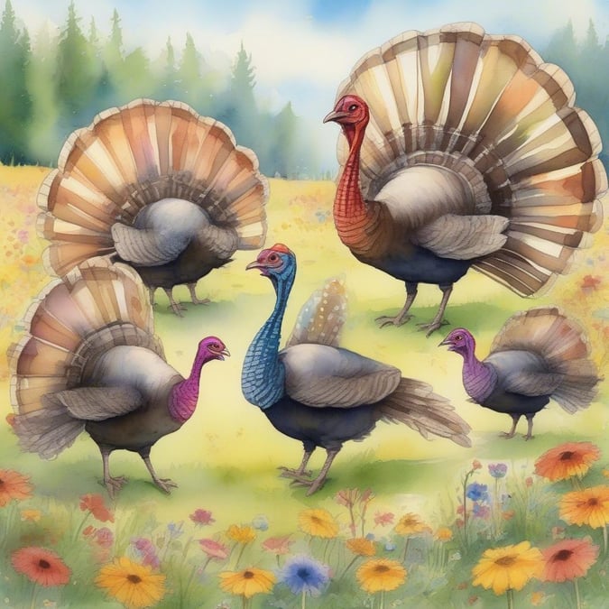 A colorful illustration of wild turkeys, likely celebrating Thanksgiving day with their vibrant plumage in a grassy field with a clear blue sky and trees in the background.