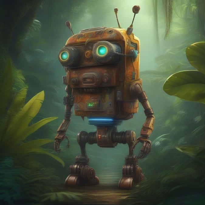 This image features a robot standing in the middle of a jungle, surrounded by lush greenery and exotic plants. The robot's metallic body stands out against the natural backdrop, creating a striking contrast. The image captures the robot's unique design and the jungle's vibrant atmosphere.