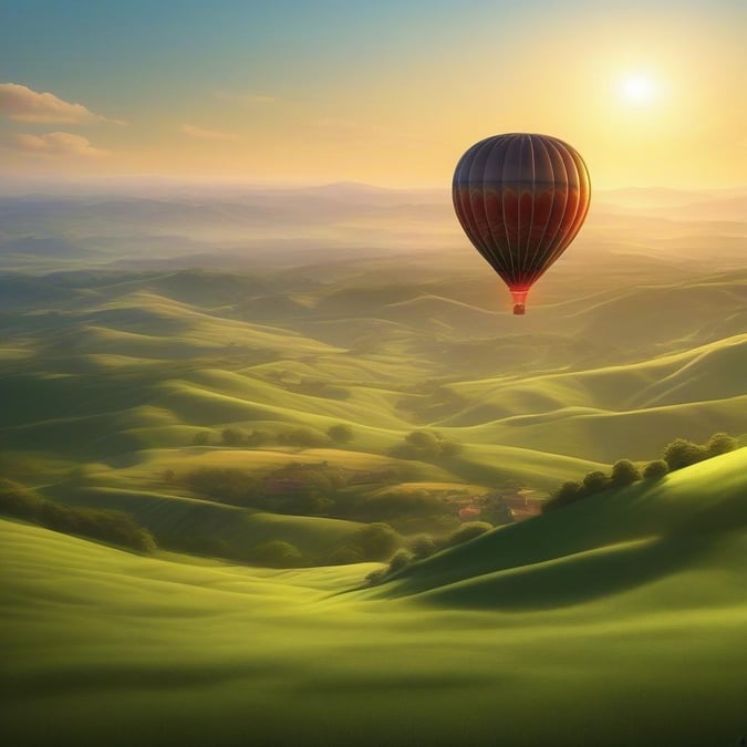 Experience the serene beauty of a hot air balloon soaring over lush rolling hills at sunrise, capturing the essence of tranquility and wanderlust.