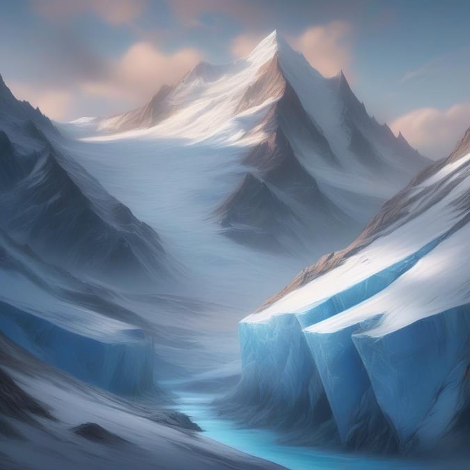 This breathtaking scene captures the raw beauty of a frozen landscape with snow-capped peaks reaching towards a clear sky. A river, likely frozen in winter months, winds its way through the mountains, adding a dynamic element to the otherwise still image. This wallpaper is perfect for anyone who loves the tranquility and majesty of nature's wonders.