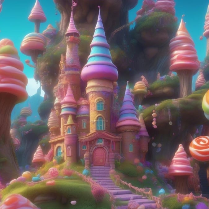 A magical land filled with sweet adventures, enchanted castles, and candy concoctions.