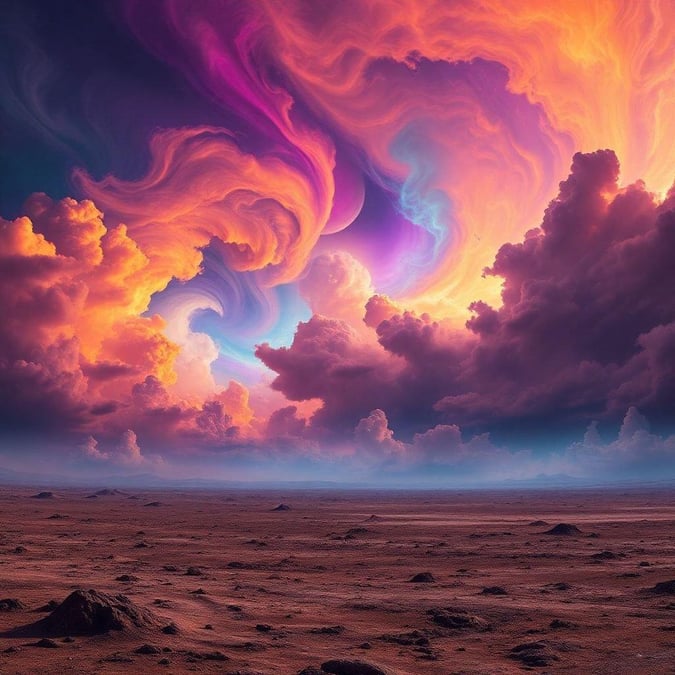 Witness the grandeur of a cosmic sunset over an alien desert landscape, where surreal clouds swirl with vibrant hues of pink and purple. This sci-fi wallpaper is perfect for desktop or mobile backgrounds.