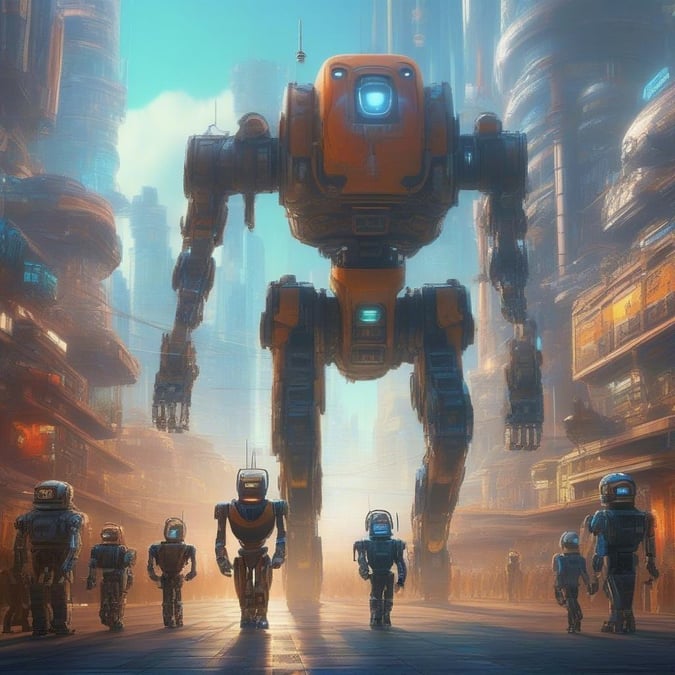 A futuristic cityscape with a large robot and several smaller robots in the foreground, set against a backdrop of towering buildings and a bright blue sky.