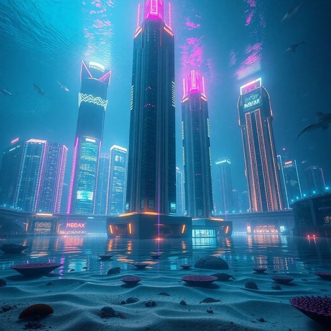 This stunning 3D art wallpaper showcases an underwater cityscape, with towering skyscrapers and vibrant neon lights reflecting off the water's surface. The city's futuristic architecture and bustling atmosphere create a sense of wonder and excitement.