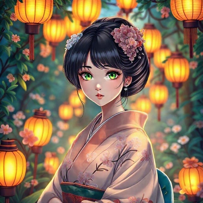 Experimenta la tranquilidad de un jardín japonés mientras una hermosa geisha observa desde su cerezo. El cálido resplandor de las linternas ilumina la escena, realzando la belleza y el misterio.