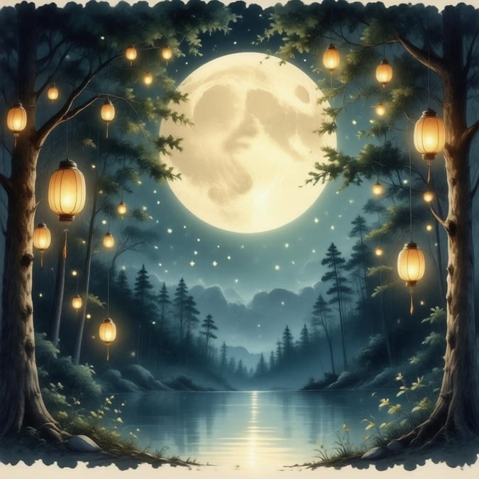 Tauchen Sie ein in die bezaubernde Welt dieses anime-inspirierten Hintergrundbildes, wo ein voller Mond ein ruhiges Licht über einen friedlichen Wald wirft, begleitet vom sanften Funkeln der Glühwürmchen und der sanften Beleuchtung der Laternen.