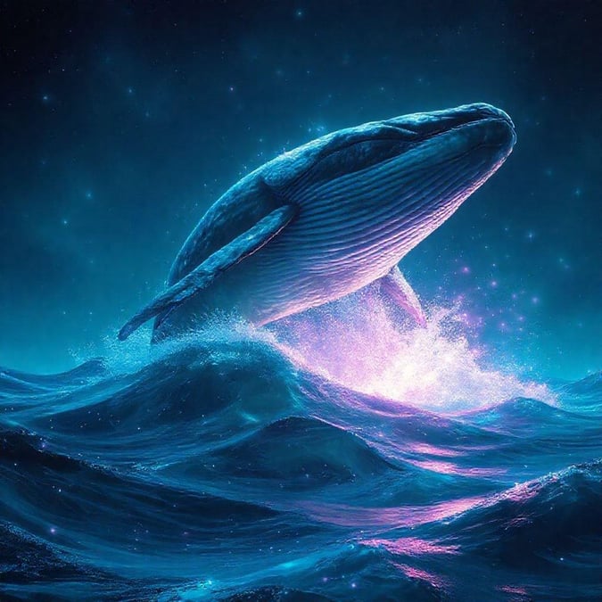 Experience the serene beauty of a whale gracefully swimming in deep ocean waters, set against a tranquil night sky. This wallpaper captures the grandeur and majesty of marine life, making it perfect for a soothing screensaver or desktop background.