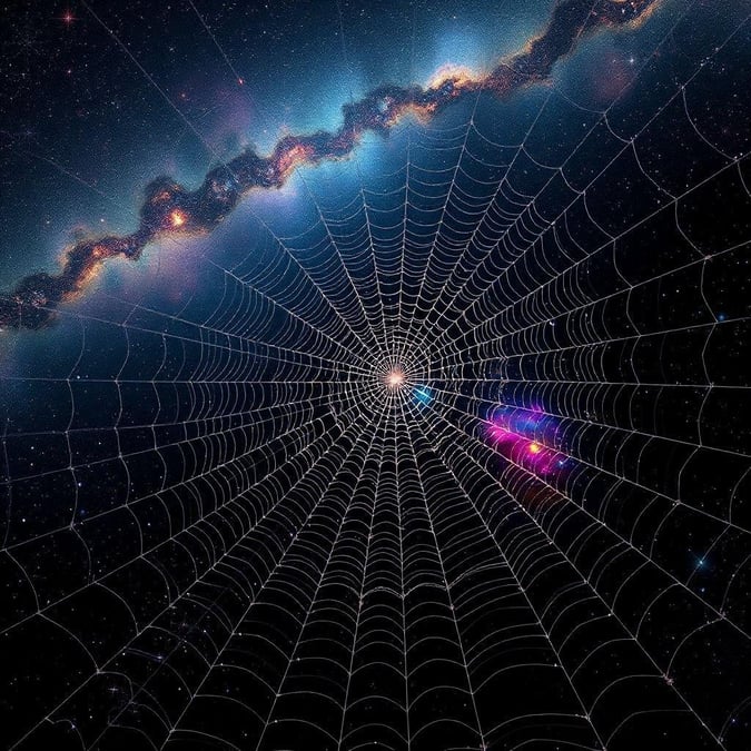 This abstract wallpaper features a stunning depiction of a spider web set against a backdrop of a galaxy. The intricate details of the web are showcased in a mesmerizing pattern, while the galaxy provides a sense of depth and scale. The combination of these two elements creates a visually striking and thought-provoking image that is sure to captivate anyone who sees it.