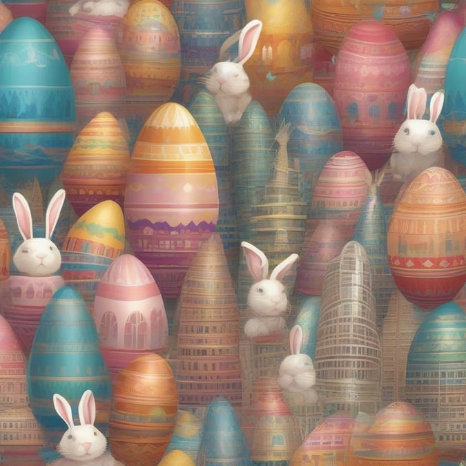 This cheerful wallpaper captures the whimsical spirit of Easter, with a delightful array of eggs and rabbits painted in vibrant hues. Each egg is a unique piece of art, scattered like jewels across an imaginary landscape that includes iconic buildings from around the world.