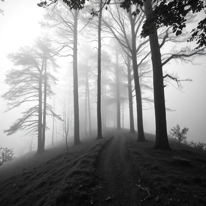 Immerse yourself in the tranquility of this black and white forest wallpaper, perfect for desktop and mobile use.