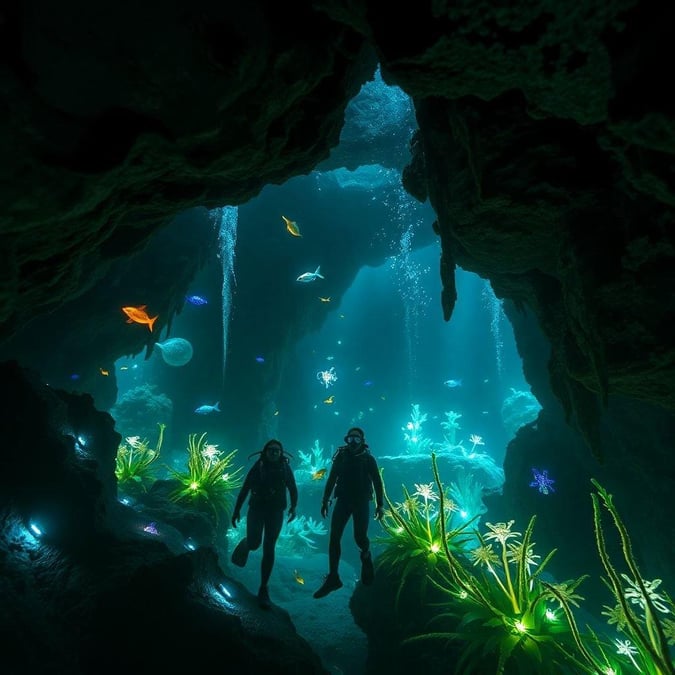 Two divers in full gear, venturing into the underwater fantasy world to discover the creatures that make up this enchanting realm.