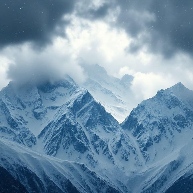 This stunning wallpaper features a majestic mountain range covered in snow, set against a cloudy and gray sky. The rugged peaks and valleys create a sense of serenity and tranquility, making it perfect for desktop and mobile use.