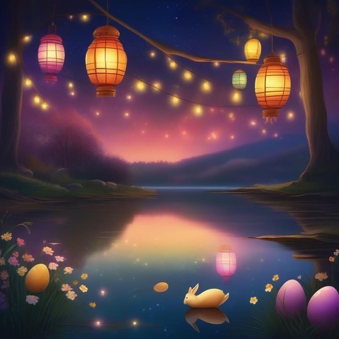 This beautiful Easter wallpaper features a serene lake, towering trees, and a cute rabbit in the foreground, set against a stunning pink and purple sky with a few stars twinkling in the distance. It's the perfect way to add a touch of springtime magic to your desktop or mobile device.