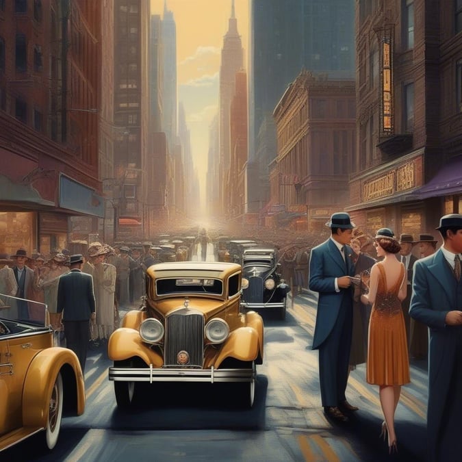 A bustling city street scene with classic cars from the 1920s era. The image is vibrant and captures a moment of nostalgia and celebration.