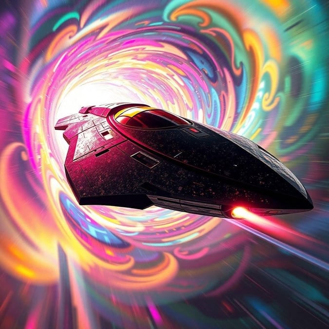 Exploring the cosmos on an epic interstellar adventure, this sleek alien fighter is caught in a vibrant vortex of pink and purple nebulous energy. Get ready for an adrenaline-fueled journey through the stars!