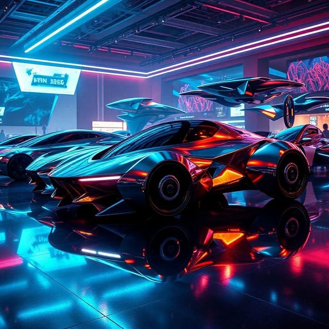 Visionary display of futuristic vehicles in an advanced tech gallery, where artistry meets innovation.