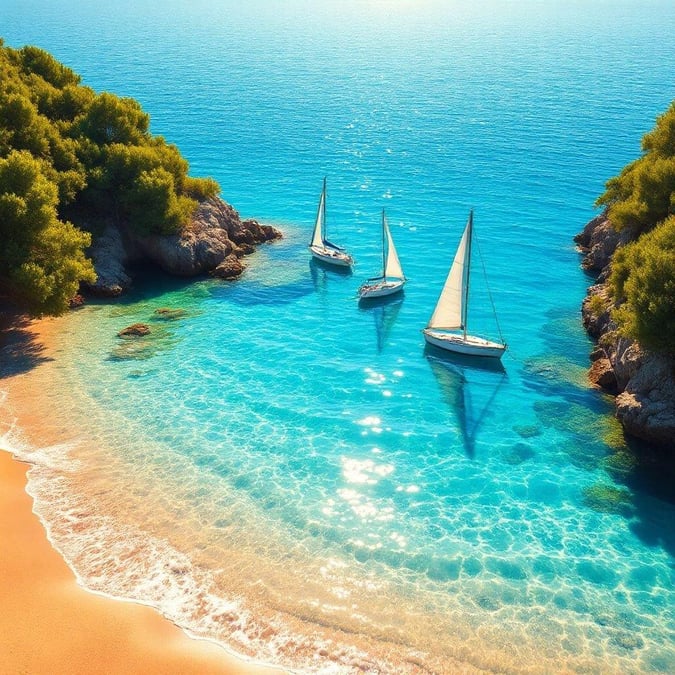 Enjoy the serenity of this picturesque sailboat scene against a backdrop of vibrant blue seas, clear skies and tropical coastline.