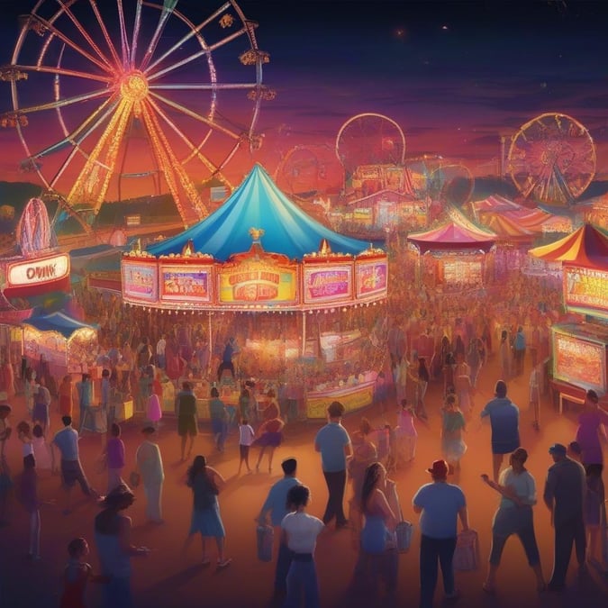 The lively atmosphere at the carnival with rides, games, and people enjoying their time. A bright night scene at an amusement park.