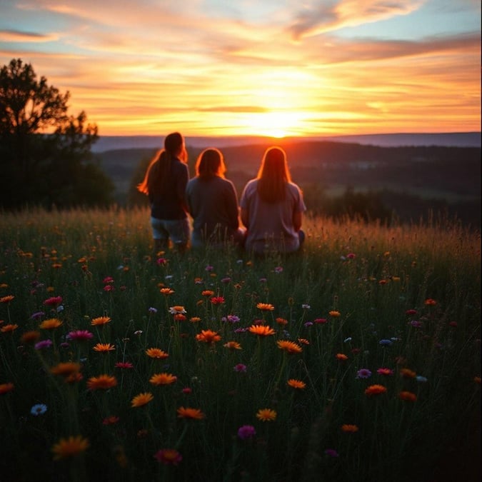 Three friends sharing the moment as they gaze into the glowing sunset over a serene landscape, carpeted with vibrant wildflowers that add a splash of color to the tranquil scene.