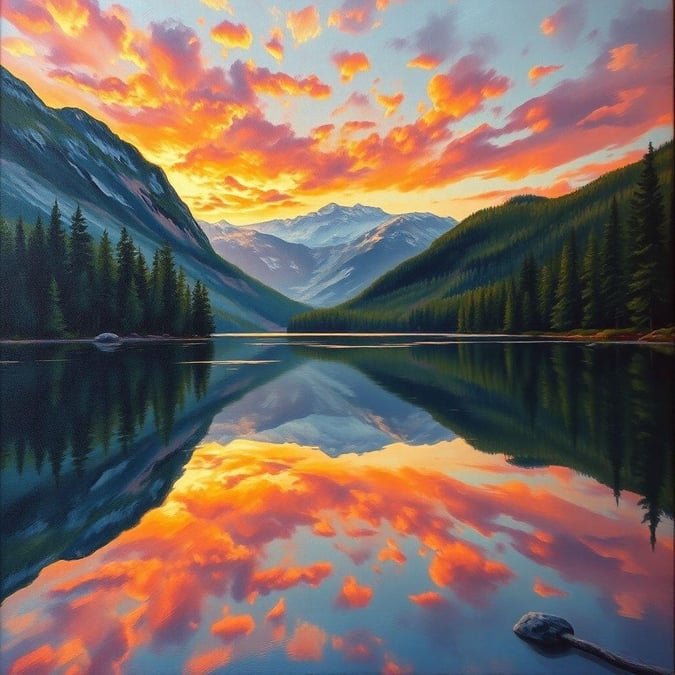 This serene wallpaper captures the breathtaking beauty of a mountain lake at sunset. The sky is painted with hues of orange and pink, reflecting off the calm waters. The surrounding mountains and trees add depth and texture to the scene, creating a sense of tranquility and adventure.