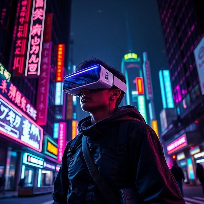 Experience the thrill of virtual reality gaming while standing on a bustling street in Tokyo's vibrant nightlife, under a canopy of colorful neon lights.