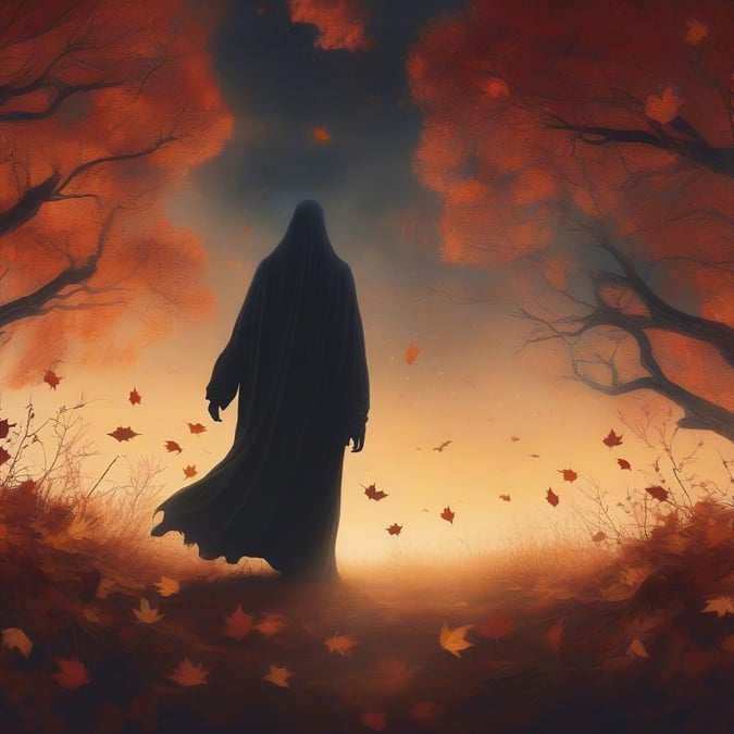 Walk with the unknown, through an enchanting autumn landscape. The mysterious figure in a cloak embodies the Halloween spirit, adding an eerie charm to this seasonal wallpaper.