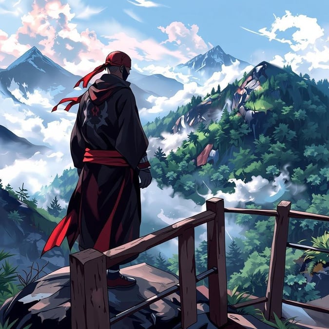 A lone ninja warrior stands on a mountain peak, overlooking a misty valley. The scene is set amidst a lush green forest, with a wooden fence and metal railing in the foreground. The atmosphere is serene and peaceful.