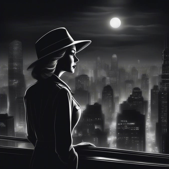 A dame in a fedora, silhouetted against the city skyline at midnight, her gaze lost in the foggy mystery of noir ambiance.