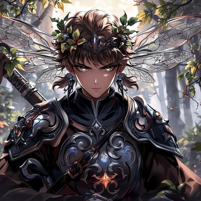 This stunning anime illustration features a young warrior in ancient armor, accompanied by a majestic dragonfly. The serene atmosphere of the moonlit forest adds to the beauty of the scene.