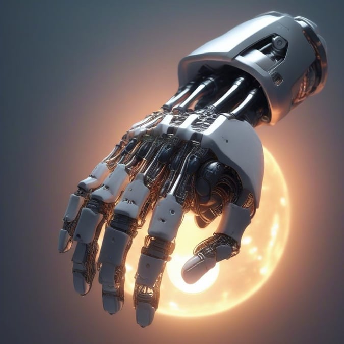 A stunning representation of the future of technology, featuring a sleek robotic hand reaching out towards an illuminated crescent moon. This image embodies the intersection of human-made marvels with nature's celestial beauty.