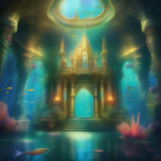 A breathtaking view of an underwater city with ornate architecture, a castle-like structure in the center, and marine life thriving around it.