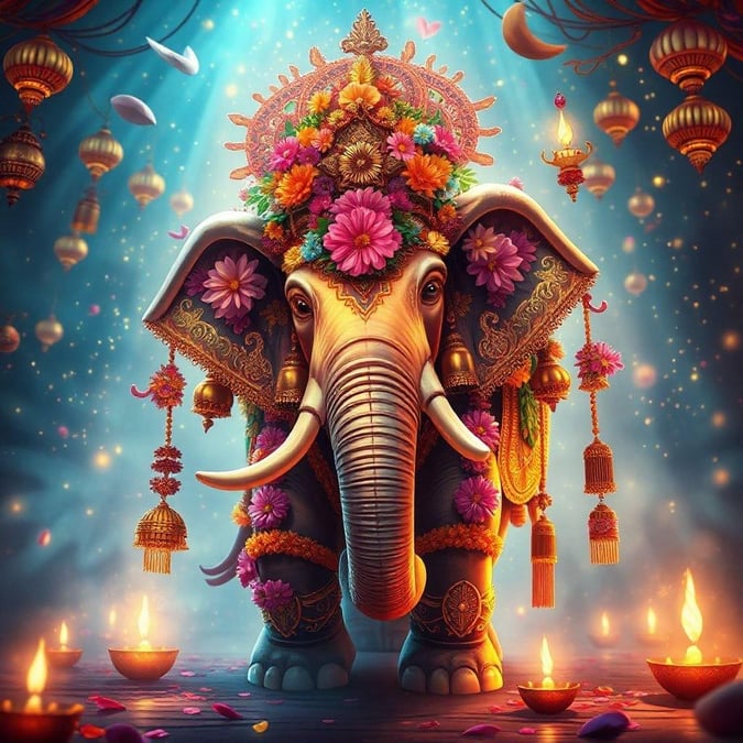 A vibrant Diwali-themed wallpaper featuring a majestic elephant adorned in traditional Indian festival decorations, standing amidst a festive atmosphere.