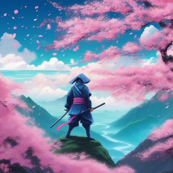 Une représentation sereine de style anime d'un ninja vêtu d'un costume coloré, surplombant un paysage à couper le souffle baigné dans la douce lueur des cerisiers en fleurs.