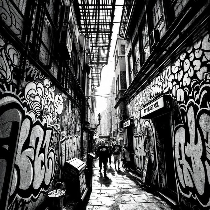 This black and white wallpaper features a city street with buildings and graffiti on the walls, creating a unique and edgy urban landscape.