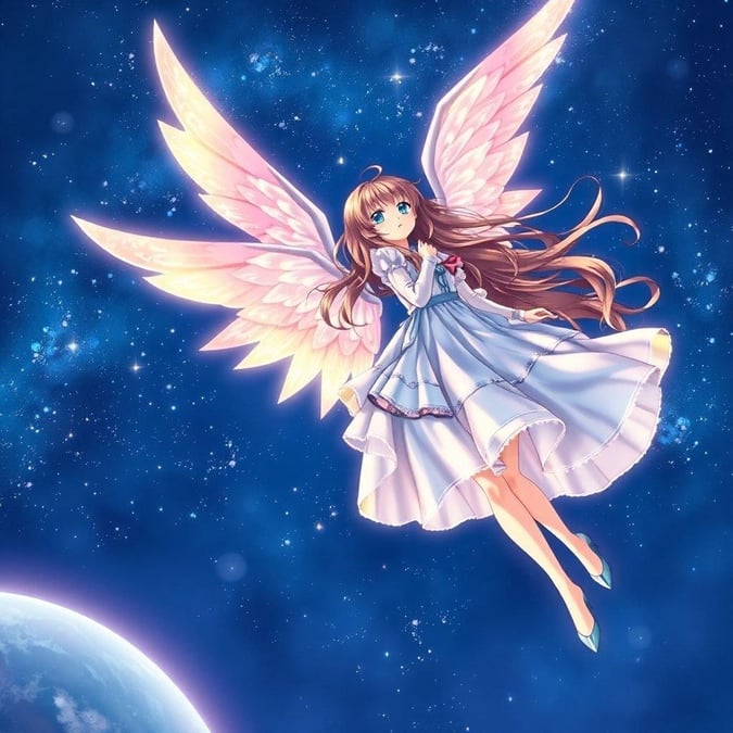 This captivating wallpaper features an anime angel with iridescent wings, set against a stunning starry night sky. The angel's vibrant blue eyes gaze upwards, surrounded by a deep blue background that showcases a celestial realm with stars and a planet, creating an ethereal atmosphere.