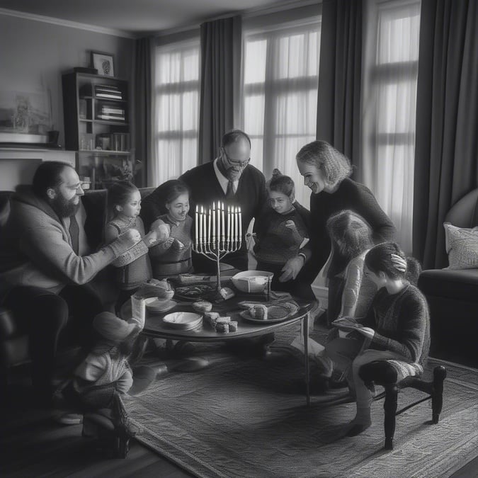 This image captures the joy and warmth of a Hanukkah celebration, with a family gathered around a table adorned with traditional foods and decorations. The image conveys the spirit of togetherness and gratitude that defines this special holiday.