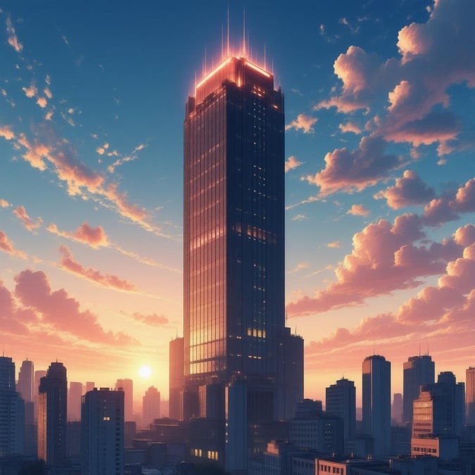 A breathtaking anime-style cityscape at sunset, featuring a towering skyscraper with a glowing orange and pink facade. The warm glow of the setting sun creates an ethereal atmosphere.