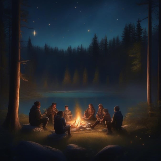 A cozy campfire scene set in a snowy, wooded clearing, where a group of friends gather to share warmth and stories on the eve of Thanksgiving.